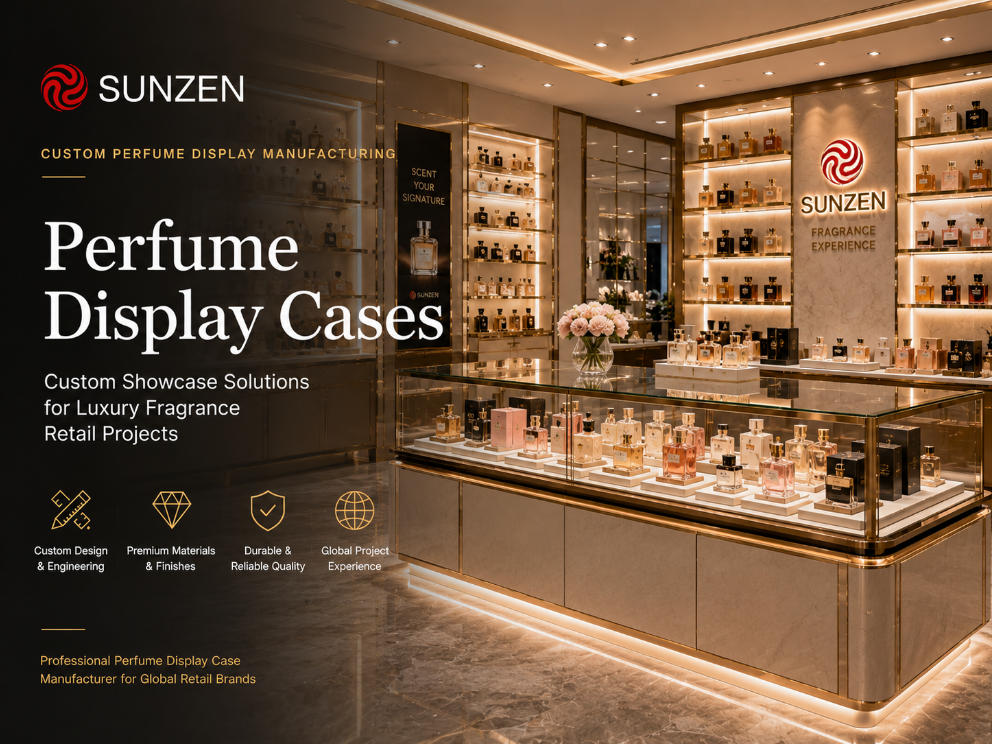 Custom perfume display cases for luxury fragrance boutiques manufactured by SUNZEN